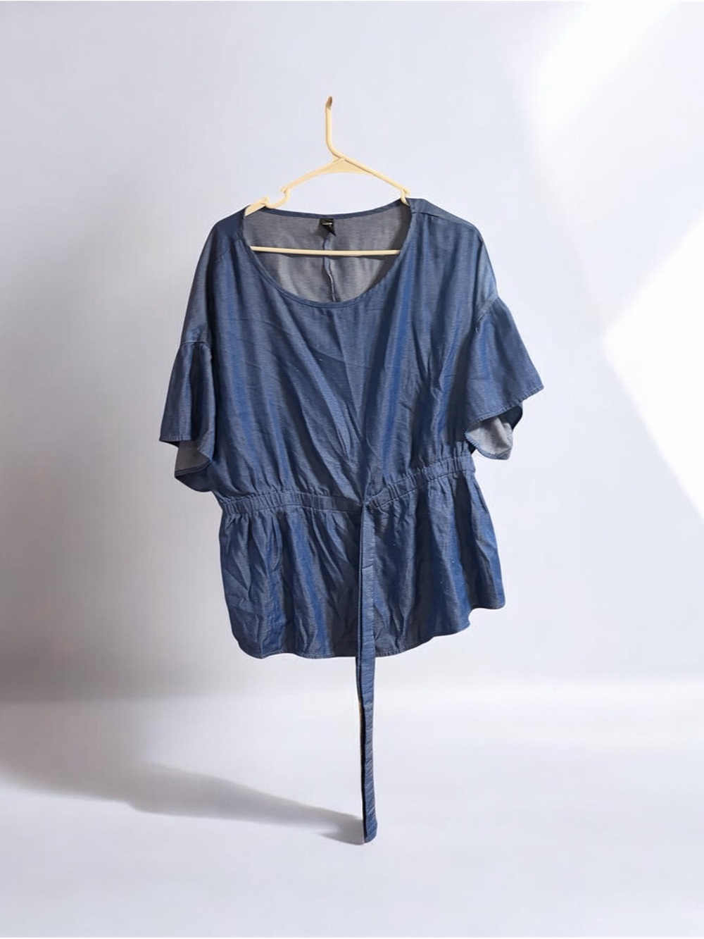Relaxed Blue Tie-Waist Short Sleeve Blouse